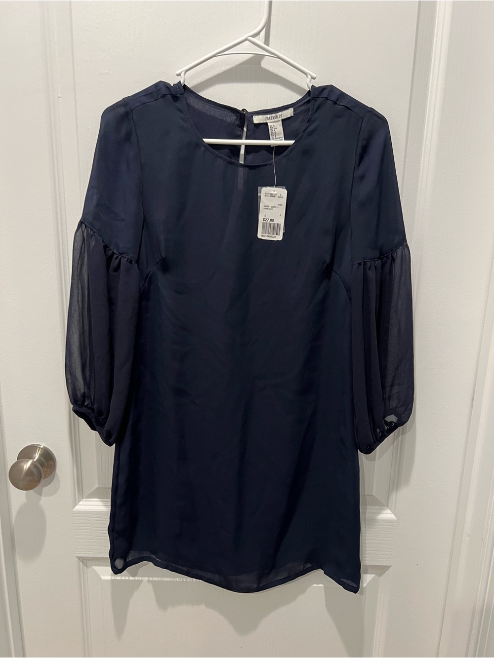 Navy Balloon-Sleeve Dress